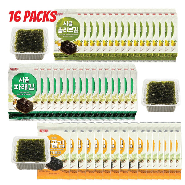Korean Crispy Seaweed Nori Snacks - Olive Oil, Sesame Oil, Green Flavor 16 packs-MayDay Mall